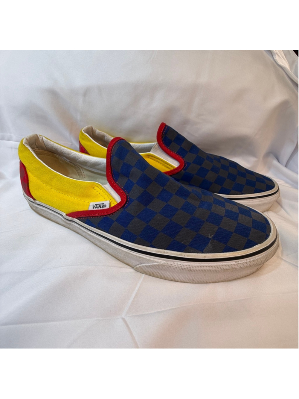 Vans Classic Slip-On Checkerboard Colorblock Blue Yellow Red Sneakers Men’s 9 Wo - Picture 1 of 9